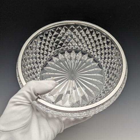 ドイツ ヴィンテージ カットガラスボウル 純銀リム装飾 直径18cm Emil Herman